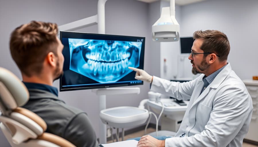 دندانپزشک و بیمار با هم اسکن سه بعدی دندان‌ها را بررسی می‌کنند.